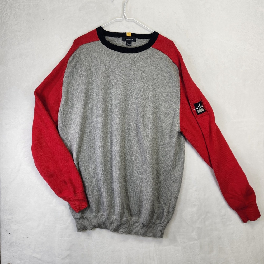 Nautica Mens XXL Grey Red Colorblock Cotton Raglan Crewneck Sweater NS-83 Patch